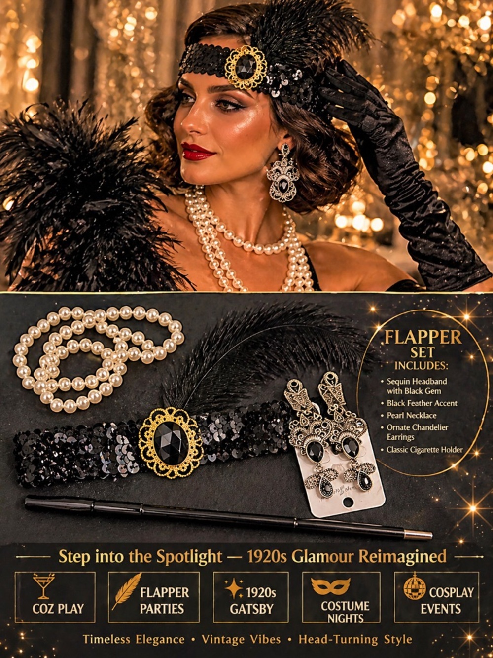 Fashion Jewelry Black & Gold Sequin Flapper Headband Set